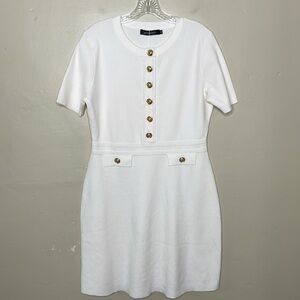 MEROKEETY Sweater Dress Cream Crewneck Crested Buttons Jackie O Class NWT Medium